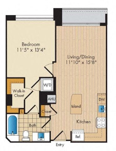 Floor plan for 1 bed, 1 bath, 684 sqft